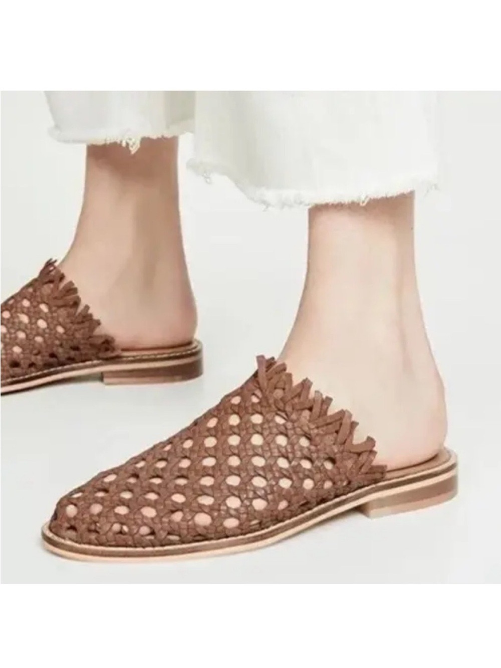 Free People Mirage Woven Blush Tan Leather Mules size 7.5